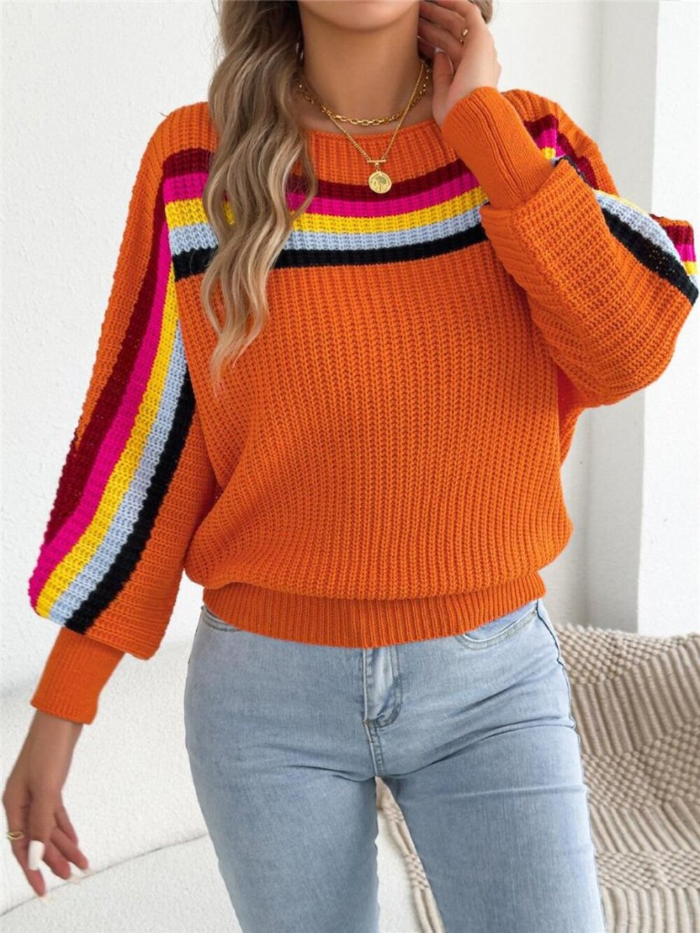 Striped Knit Boat Neck Sweater